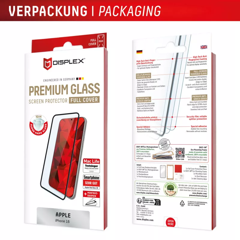 Displex Premium pellicola protettiva display (Full Cover, 10H) per Apple iPhone 16, cornice di montaggio Eco, Full Cover