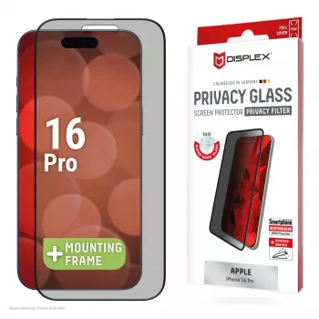 Pellicola protettiva per display con filtro privacy Displex (10H) per Apple iPhone 16 Pro, cornice di montaggio Eco, filtro privacy