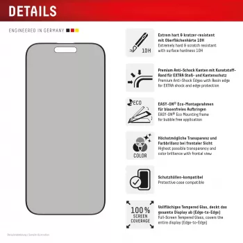 Pellicola protettiva per display con filtro privacy Displex (10H) per Apple iPhone 16 Pro, cornice di montaggio Eco, filtro privacy