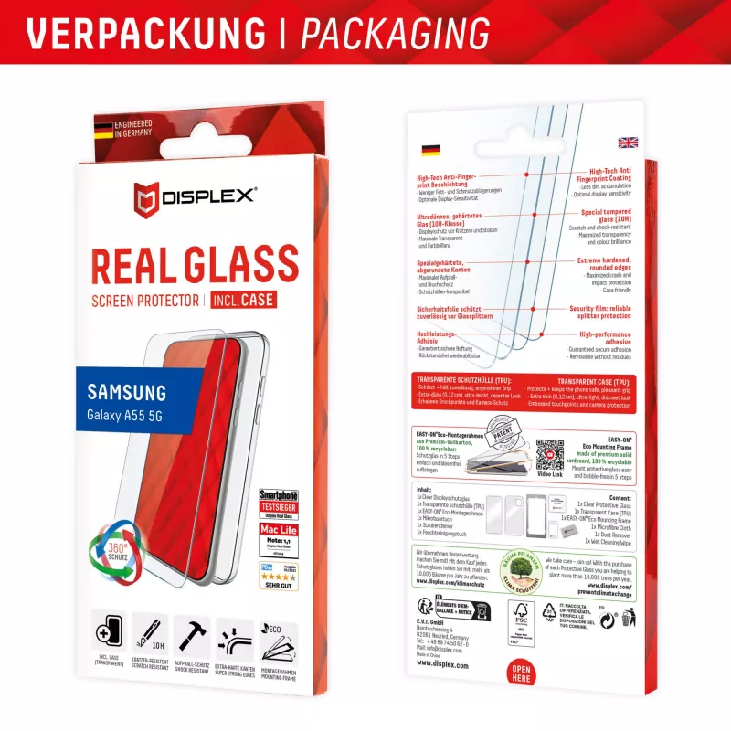 Pellicola protettiva per display Displex + custodia per Samsung Galaxy A55 5G, cornice di montaggio Eco, antigraffio