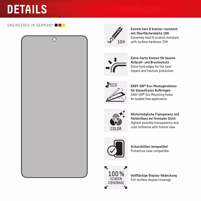 Privacy Screen Protector Displex (10H) per Samsung Galaxy S25 Edge, cornice di montaggio Eco, filtro privacy