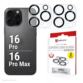 Displex Full Cover vetro obiettivo fotocamera iPhone 16 Pro/16 Pro Max, 10H, protezione completa fotocamera, montaggio rapido, confezione da 2