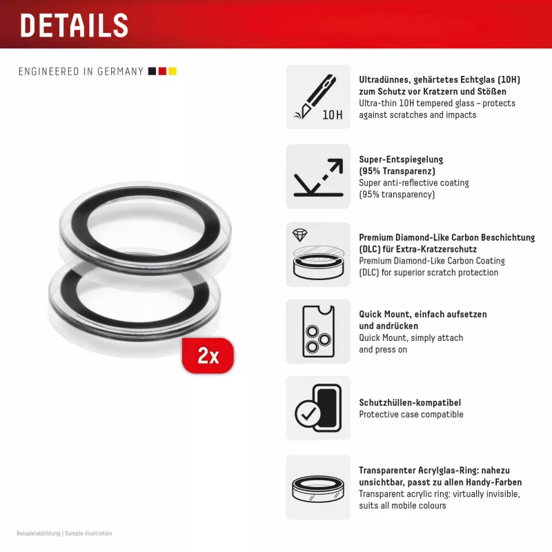 Displex vetro lenti fotocamera Premium, vetro iPhone Air, 10H, anelli singoli, DLC, trasparente, Quick Mount