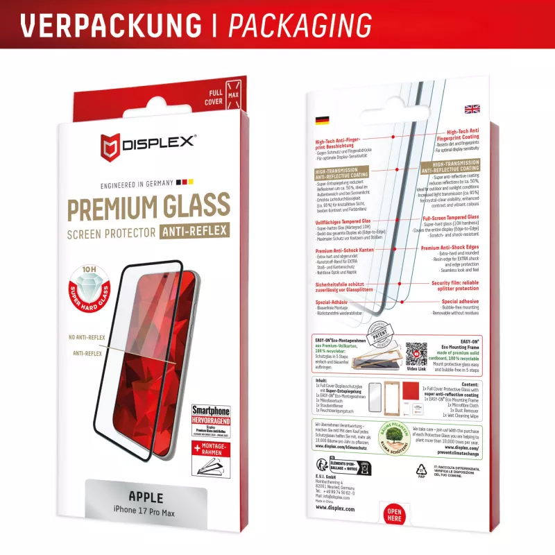 Displex Premium Screen Protector (Full Cover, 10H) per Apple iPhone 17 Pro Max, cornice di montaggio Eco, Full Cover
