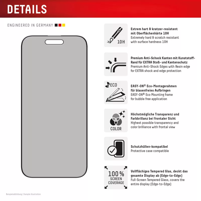 Displex Privacy Screen Protector (10H) per Apple iPhone Air, cornice di montaggio Eco, filtro privacy