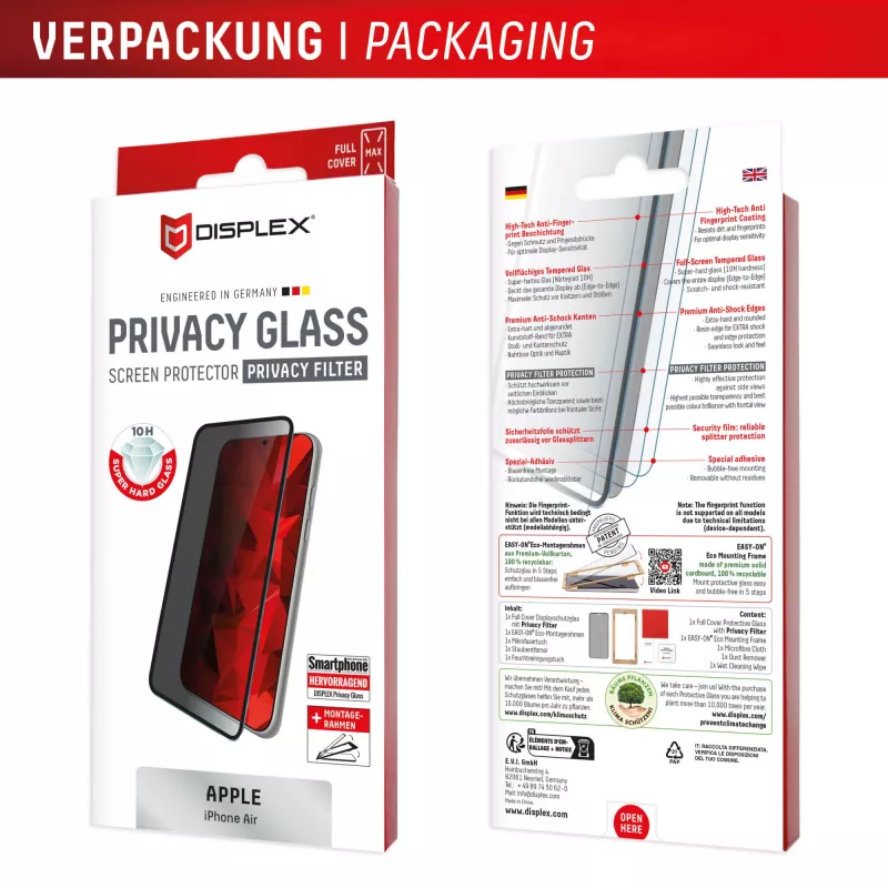 Displex Privacy Screen Protector (10H) per Apple iPhone Air, cornice di montaggio Eco, filtro privacy