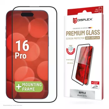 Pellicola protettiva per schermo Displex Premium Anti-Reflex (copertura totale antiriflesso, 10H) per Apple iPhone 16 Pro, cornice di montaggio Eco, copertura totale
