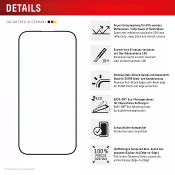 Pellicola protettiva per schermo Displex Premium Anti-Reflex (copertura totale antiriflesso, 10H) per Apple iPhone 16 Pro, cornice di montaggio Eco, copertura totale