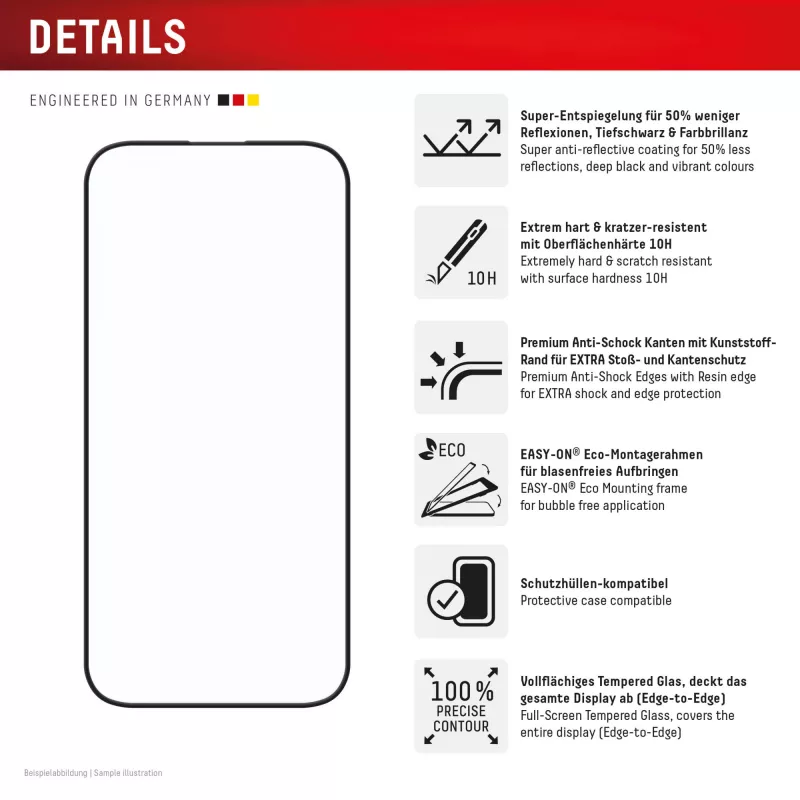 Pellicola protettiva per schermo Displex Premium Anti-Reflex (copertura totale antiriflesso, 10H) per Apple iPhone 16 Pro, cornice di montaggio Eco, copertura totale