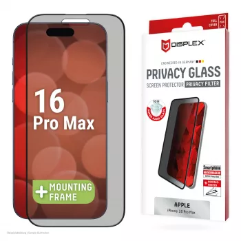 Pellicola privacy Displex (10H) per Apple iPhone 16 Pro Max, cornice di montaggio Eco, filtro privacy
