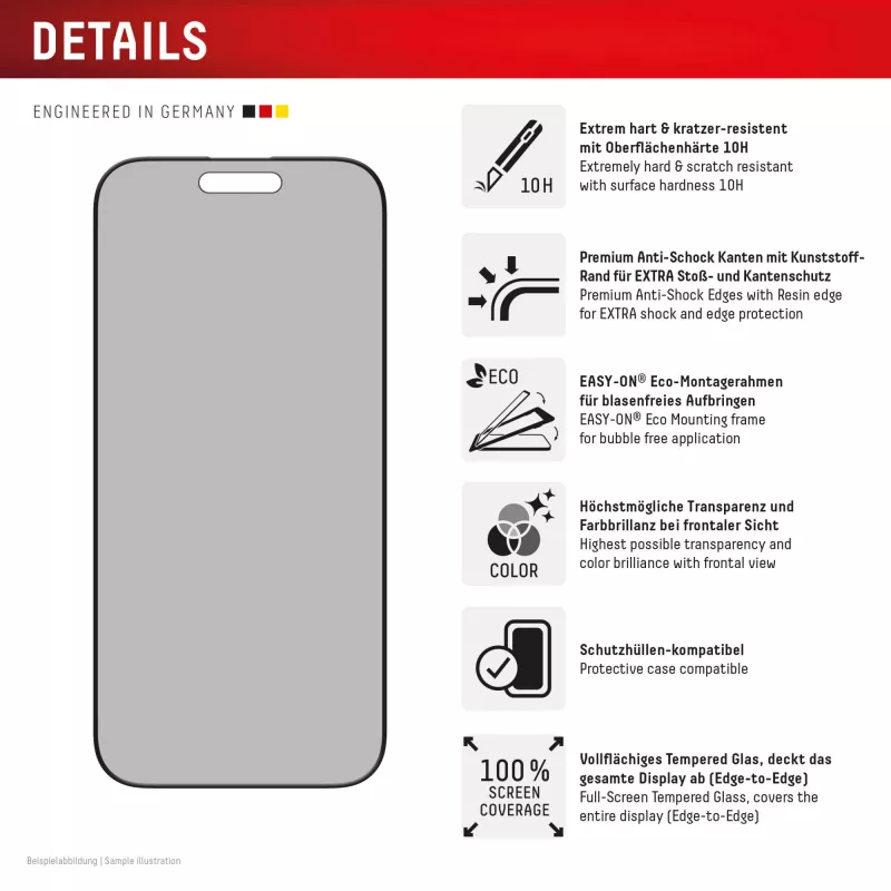 Pellicola privacy Displex (10H) per Apple iPhone 16 Pro Max, cornice di montaggio Eco, filtro privacy