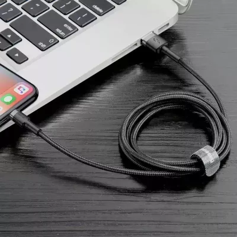 Cavo USB-A a Lightning Baseus Cafule (CALKLF-CG1) – treccia in nylon, QC3.0 1,5 A, 2 m, grigio/nero