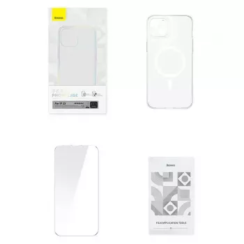 Custodia per cellulare Baseus Magnetic Crystal Clear per iPhone 13, trasparente, con protezione schermo in vetro temperato