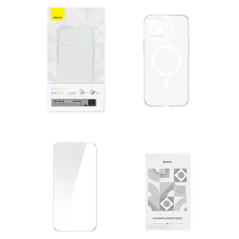 Custodia per cellulare Baseus Magnetic Crystal Clear per iPhone 13, trasparente, con protezione schermo in vetro temperato