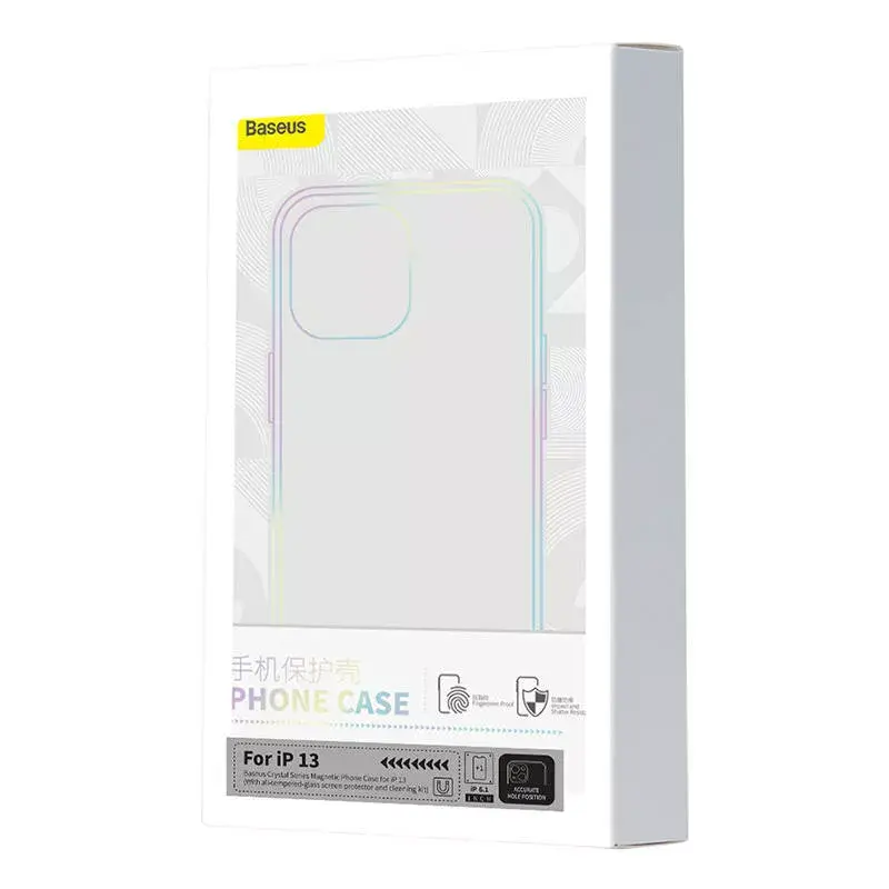 Custodia per cellulare Baseus Magnetic Crystal Clear per iPhone 13, trasparente, con protezione schermo in vetro temperato