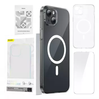 Custodia per cellulare Baseus Magnetic Crystal Clear per iPhone 13, trasparente, con protezione schermo in vetro temperato