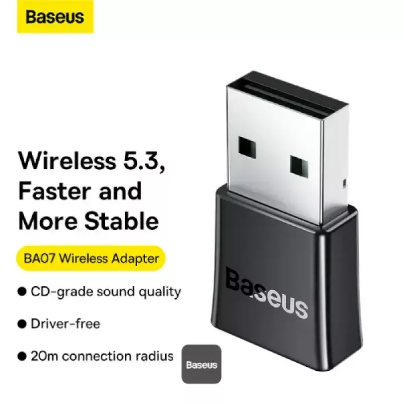 Adattatore Bluetooth mini Baseus BA07 per PC, USB 5.3 dongle ricevitore Bluetooth wireless - nero