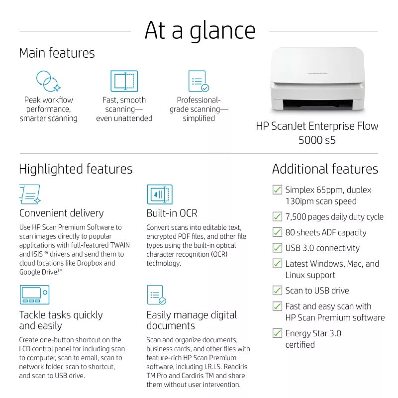 Scanner a foglio HP Scanjet Enterprise Flow 5000 s5 600 x 600 DPI A4 bianco
