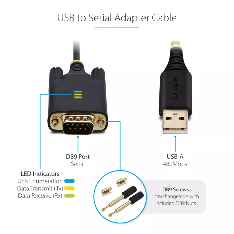 StarTech.com cavo adattatore USB a seriale 3ft (1m), mantenimento COM, viti/dadi sostituibili, USB-A a DB9 RS232, IC FTDI, protezione ESD, Windows/macOS/Linux