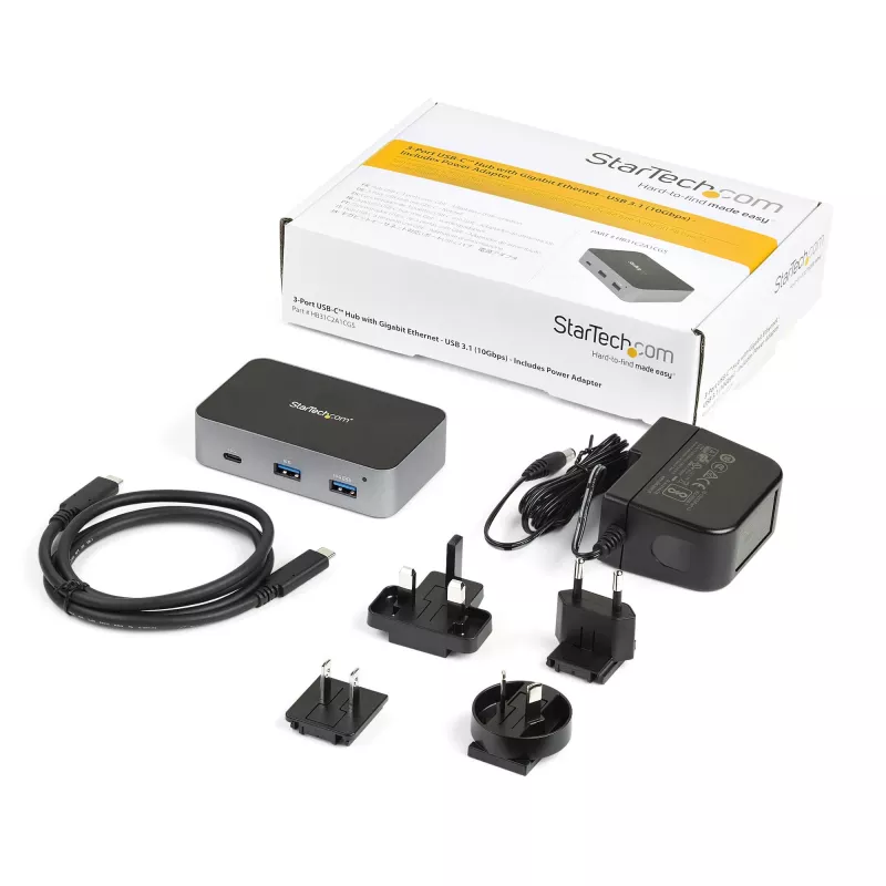 StarTech.com HB31C2A1CGS hub USB-C a 3 porte con Gigabit Ethernet, USB 3.1 Gen 2 10 Gbps, 2x USB-A + 1x USB-C, cavo host da 1 m, con alimentatore