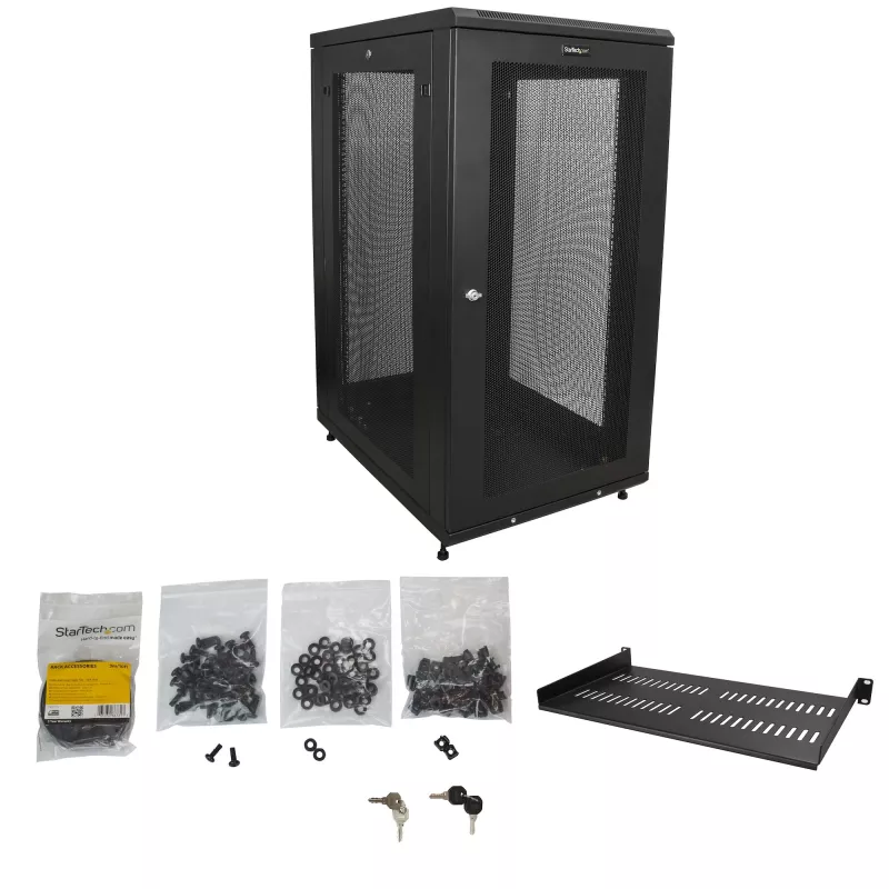 StarTech.com Armadio rack server 24U a 4 montanti, armadio rack dati 19 pollici con chiusura per apparecchiature informatiche/AV/IT, rack per ufficio/rete domestica con ruote e guide di montaggio regolabili