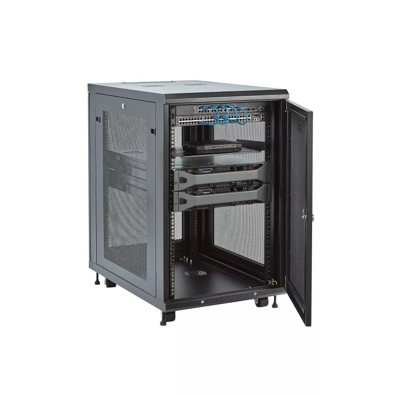 StarTech.com Armadio rack server 18U a 4 montanti, armadio rack dati 19 pollici con chiusura per apparecchiature informatiche / AV / IT, rack per ufficio / rete domestica con ruote e guide di montaggio regolabili