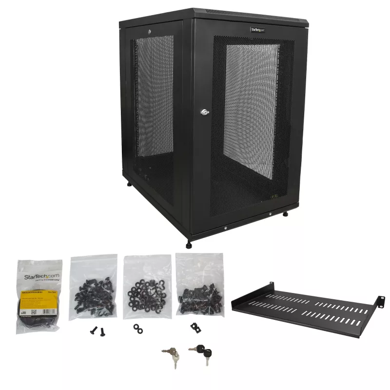 StarTech.com Armadio rack server 18U a 4 montanti, armadio rack dati 19 pollici con chiusura per apparecchiature informatiche / AV / IT, rack per ufficio / rete domestica con ruote e guide di montaggio regolabili