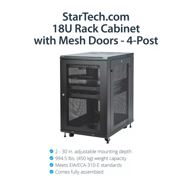 StarTech.com Armadio rack server 18U a 4 montanti, armadio rack dati 19 pollici con chiusura per apparecchiature informatiche / AV / IT, rack per ufficio / rete domestica con ruote e guide di montaggio regolabili