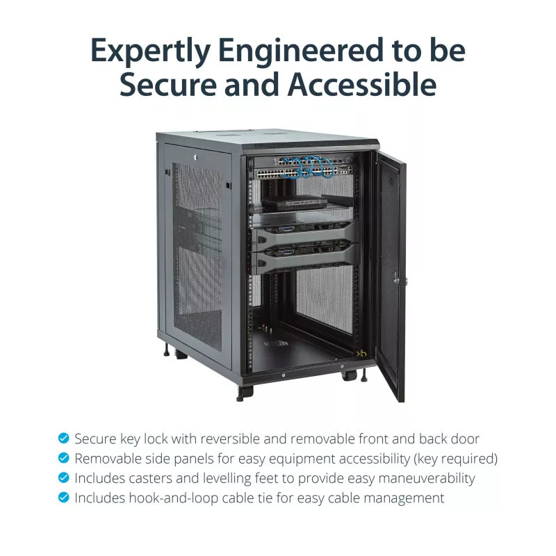 StarTech.com Armadio rack server 18U a 4 montanti, armadio rack dati 19 pollici con chiusura per apparecchiature informatiche / AV / IT, rack per ufficio / rete domestica con ruote e guide di montaggio regolabili