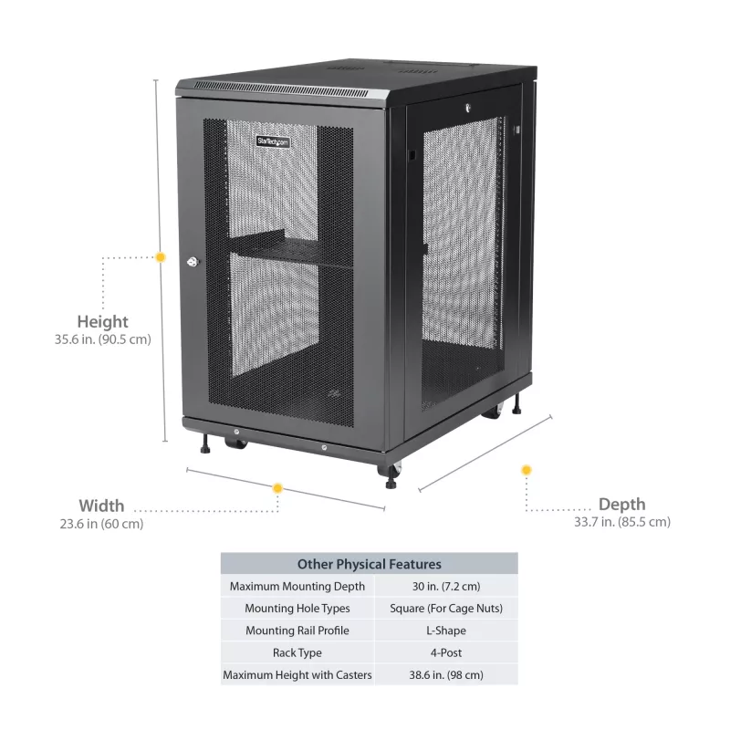 StarTech.com Armadio rack server 18U a 4 montanti, armadio rack dati 19 pollici con chiusura per apparecchiature informatiche / AV / IT, rack per ufficio / rete domestica con ruote e guide di montaggio regolabili