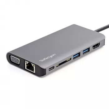 StarTech.com Adattatore multiporta USB-C – mini dock da viaggio USB-C con HDMI 4K o VGA 1080p – hub 3x USB 3.0, SD, GbE, audio, PD 100W pass-through – docking station portatile per laptop/tablet