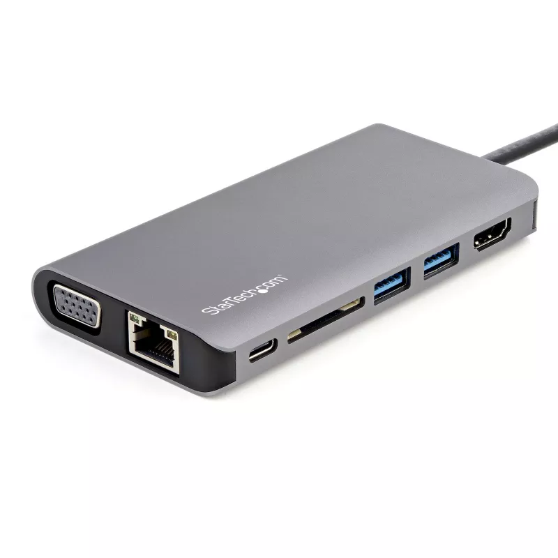 StarTech.com Adattatore multiporta USB-C – mini dock da viaggio USB-C con HDMI 4K o VGA 1080p – hub 3x USB 3.0, SD, GbE, audio, PD 100W pass-through – docking station portatile per laptop/tablet