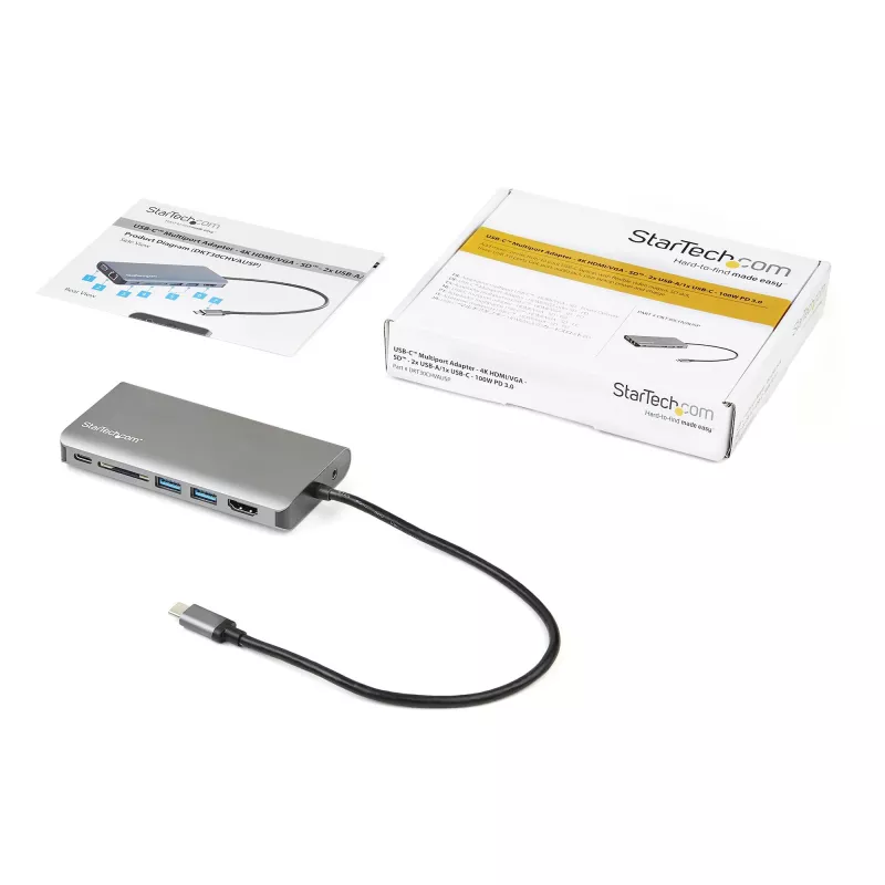 StarTech.com Adattatore multiporta USB-C – mini dock da viaggio USB-C con HDMI 4K o VGA 1080p – hub 3x USB 3.0, SD, GbE, audio, PD 100W pass-through – docking station portatile per laptop/tablet