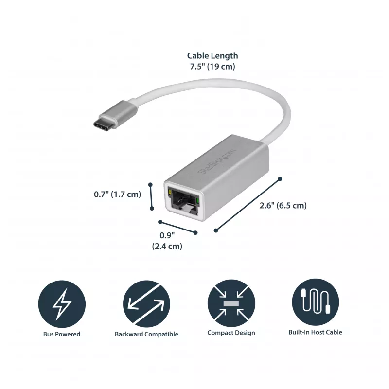 StarTech.com Adattatore da USB-C a Gigabit Ethernet – argento, con cavo, USB, Ethernet, 5000 Mbit/s, argento