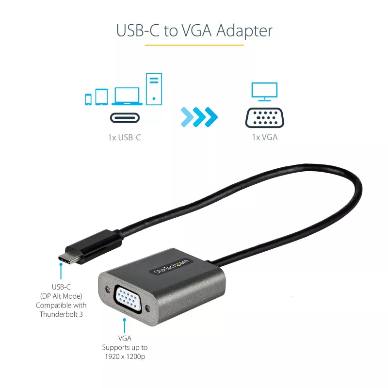 StarTech.com Adattatore da USB-C a VGA – 1080p adattatore dongle USB Type-C a VGA – convertitore video da USB-C (DP Alt Mode) a monitor/display VGA – compatibile Thunderbolt 3 – cavo integrato da 30 cm – versione migliorata di CDP2VGA