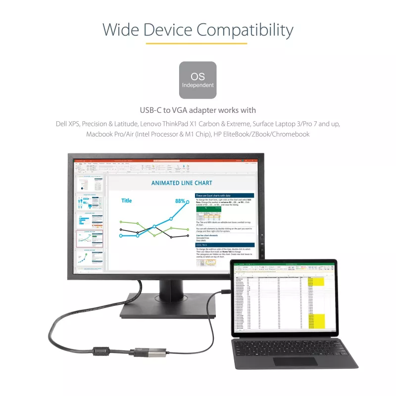 StarTech.com Adattatore da USB-C a VGA – 1080p adattatore dongle USB Type-C a VGA – convertitore video da USB-C (DP Alt Mode) a monitor/display VGA – compatibile Thunderbolt 3 – cavo integrato da 30 cm – versione migliorata di CDP2VGA