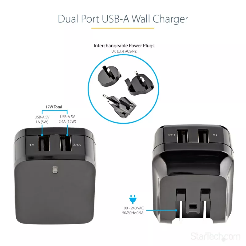 StarTech.com caricabatterie USB da parete a doppia porta – viaggi internazionali – 17W/3,4A – nero