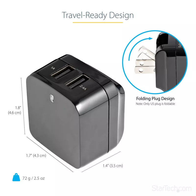 StarTech.com caricabatterie USB da parete a doppia porta – viaggi internazionali – 17W/3,4A – nero