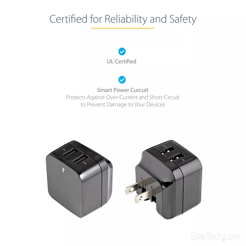 StarTech.com caricabatterie USB da parete a doppia porta – viaggi internazionali – 17W/3,4A – nero