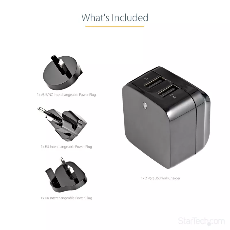 StarTech.com caricabatterie USB da parete a doppia porta – viaggi internazionali – 17W/3,4A – nero