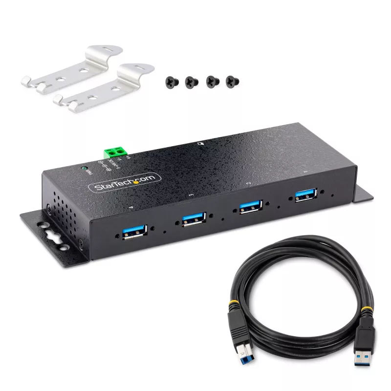 StarTech.com hub USB 3.0 industriale a 4 porte 5Gbps, hub USB robusto con protezione ESD, montaggio DIN/parete/tavolo hub USB-A, espansione USB con connettori con blocco, Heavy Duty – TAA