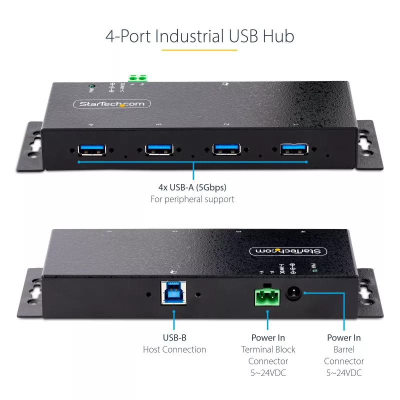 StarTech.com hub USB 3.0 industriale a 4 porte 5Gbps, hub USB robusto con protezione ESD, montaggio DIN/parete/tavolo hub USB-A, espansione USB con connettori con blocco, Heavy Duty – TAA