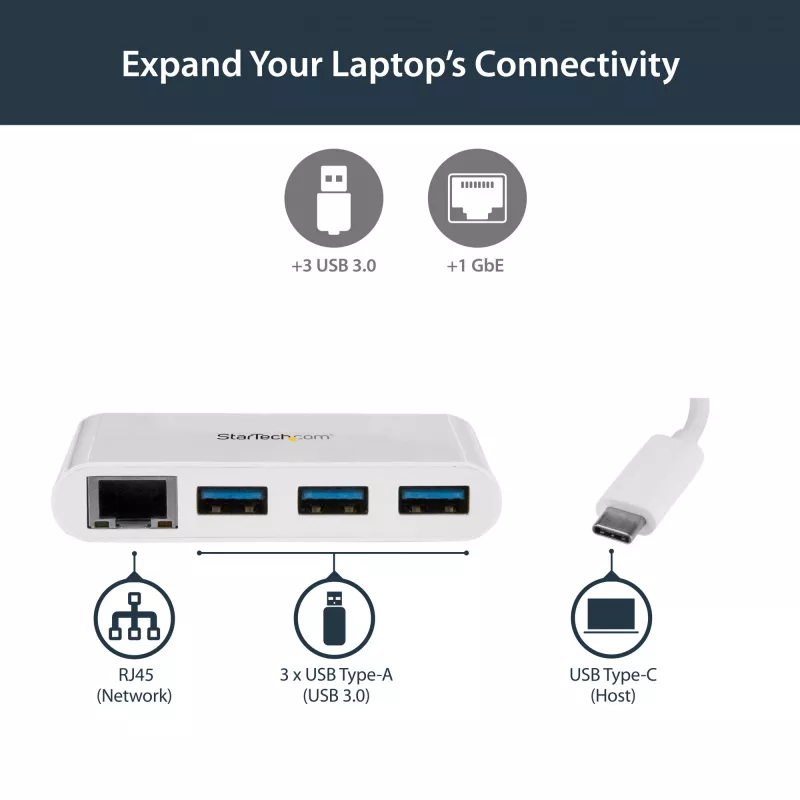 StarTech.com Hub USB-C 3 porte con Gigabit Ethernet – USB-C a 3x USB-A – Hub USB 3.0 – bianco