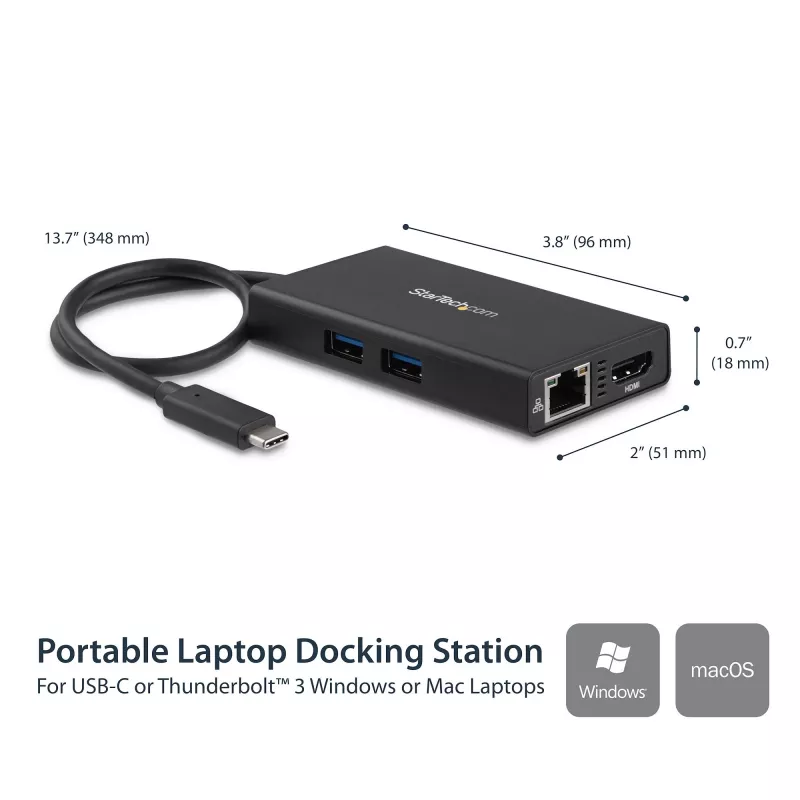 StarTech.com Adattatore multiporta USB-C – docking station da viaggio USB-C con HDMI 4K – Power Delivery pass-through 60 W, GbE, 2 porte hub USB-A 3.0 – dock mini USB Type-C portatile per laptop
