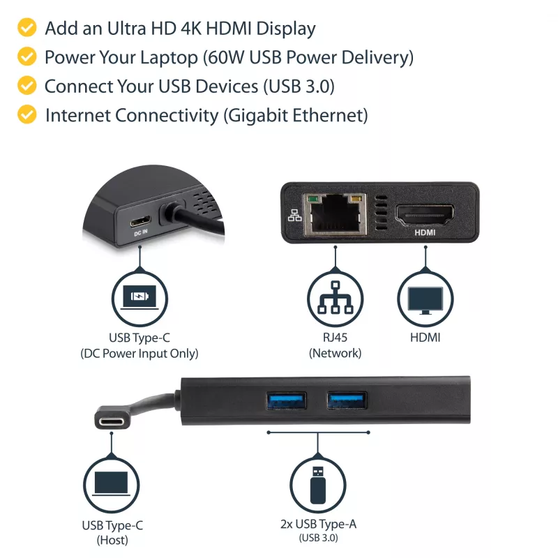 StarTech.com Adattatore multiporta USB-C – docking station da viaggio USB-C con HDMI 4K – Power Delivery pass-through 60 W, GbE, 2 porte hub USB-A 3.0 – dock mini USB Type-C portatile per laptop
