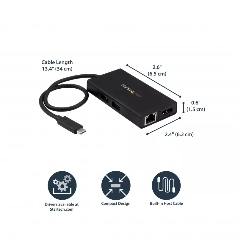 StarTech.com Adattatore multiporta USB-C – docking station da viaggio USB-C con HDMI 4K – Power Delivery pass-through 60 W, GbE, 2 porte hub USB-A 3.0 – dock mini USB Type-C portatile per laptop