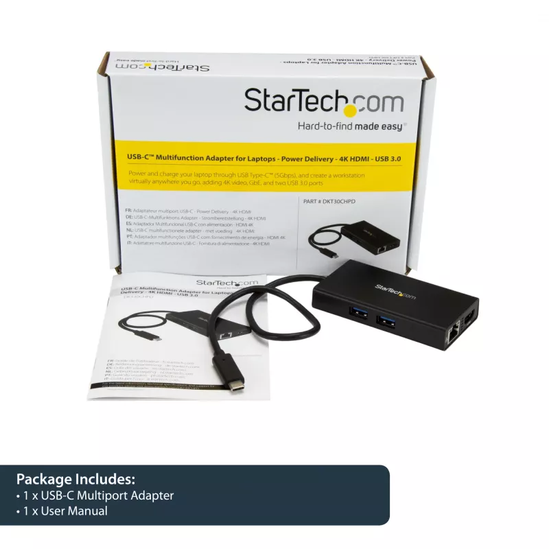 StarTech.com Adattatore multiporta USB-C – docking station da viaggio USB-C con HDMI 4K – Power Delivery pass-through 60 W, GbE, 2 porte hub USB-A 3.0 – dock mini USB Type-C portatile per laptop