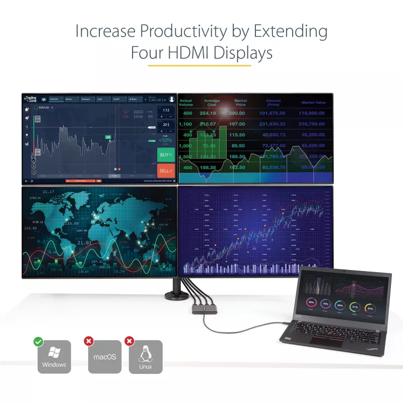 StarTech.com Adattatore USB-C a quad HDMI, convertitore USB-C a 4x monitor HDMI per Windows (nessun supporto per macOS/ChromeOS/Linux) - TAA