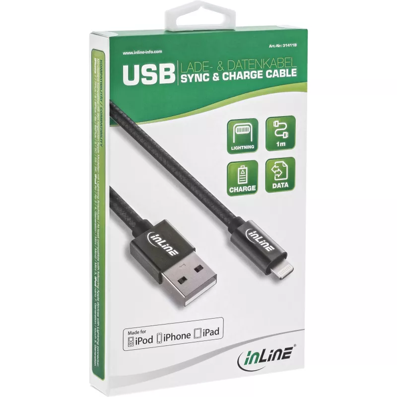 Cavo USB Lightning InLine, per iPad, iPhone, iPod, nero/alluminio, 1m certificato MFi