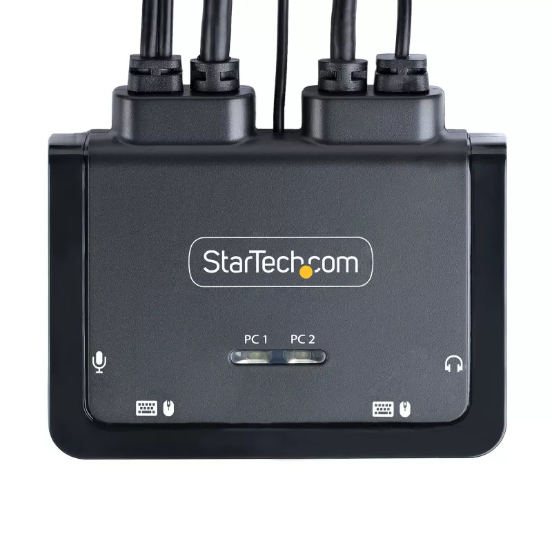 Switch KVM StarTech.com 2 porte ibrido USB-C DisplayPort con cavi, 4K 60Hz, switch KVM compatto con cavi host USB-A/DisplayPort/audio da 1,8 m e USB-C da 1,2 m integrati, alimentato dal bus - pulsante telecomando/commutazione hotkey